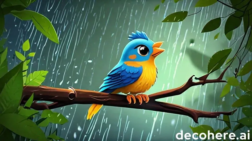 a bird sitting on a branch in the rain