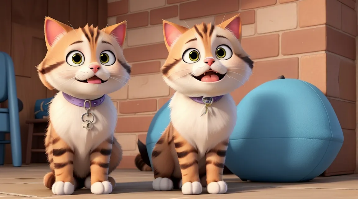 a couple of cats standing next to each other, opening mouths, 3d animation, ultra-detailed