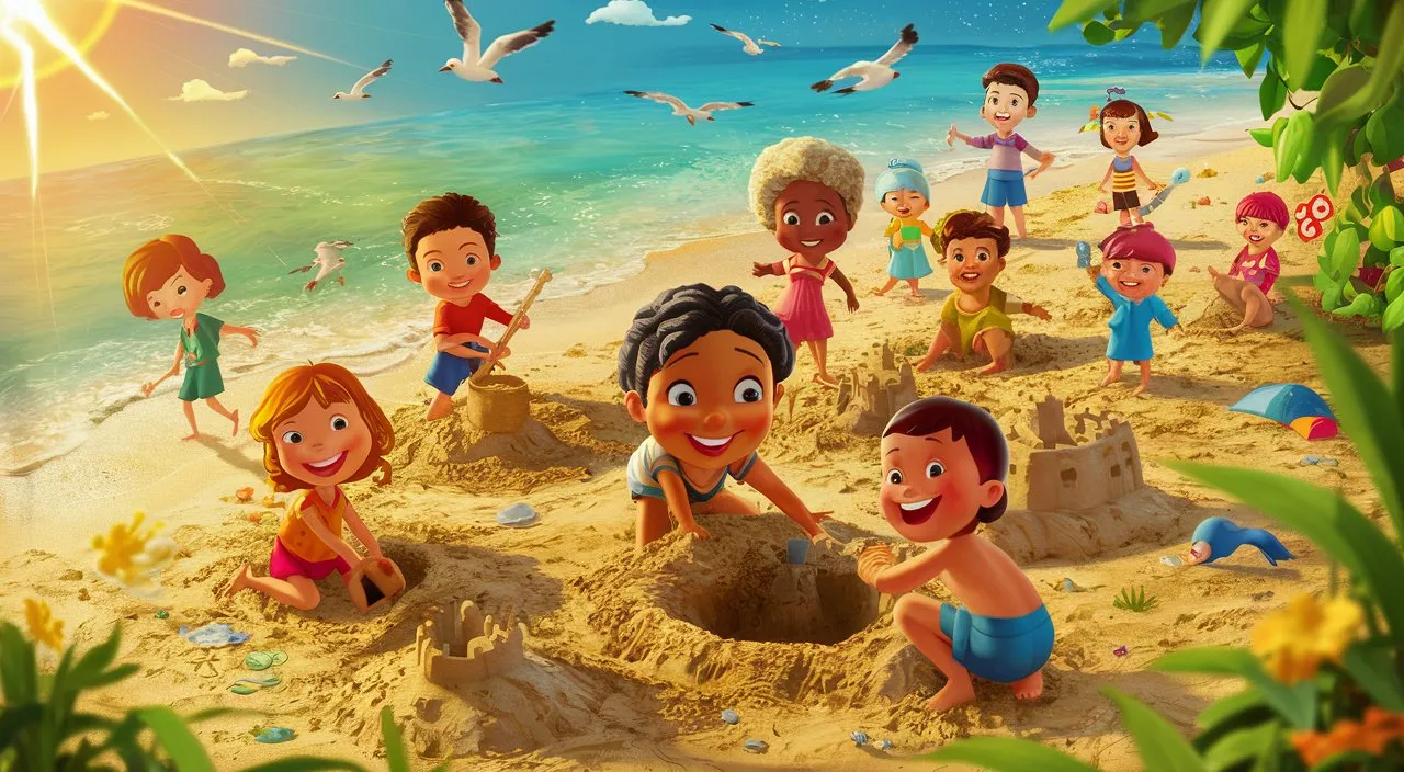 a group of children playing in the sand on a beach