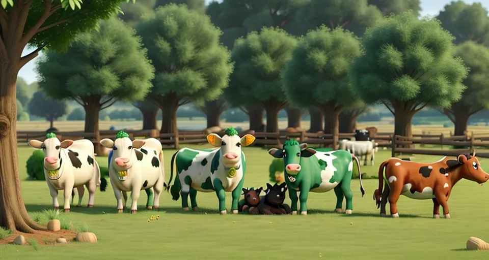 a herd of cows standing on top of a lush green field