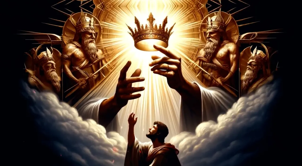 a painting of a man reaching for a crown