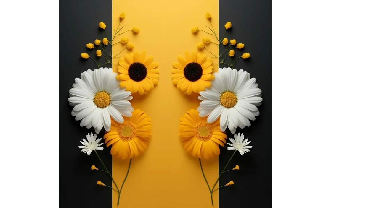 two yellow and white flowers on a black and yellow background