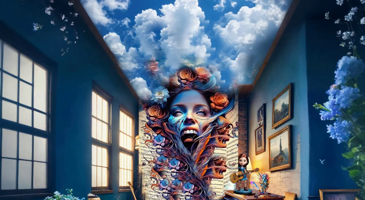 a painting of a woman's face in a blue room