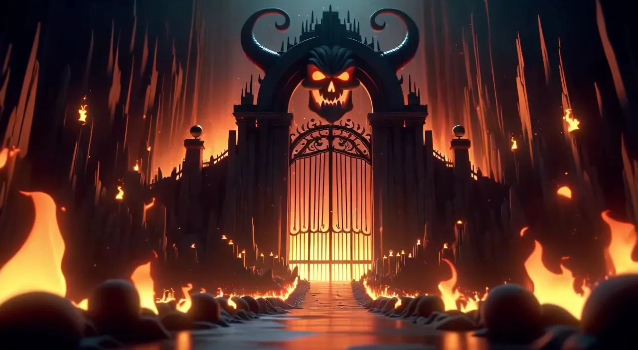 a large gate with a demon head on it