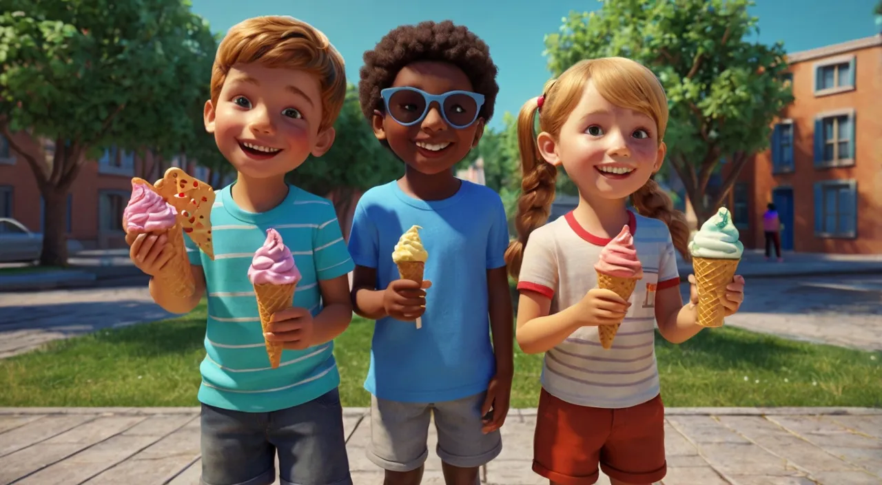 three children holding ice cream cones and smiling