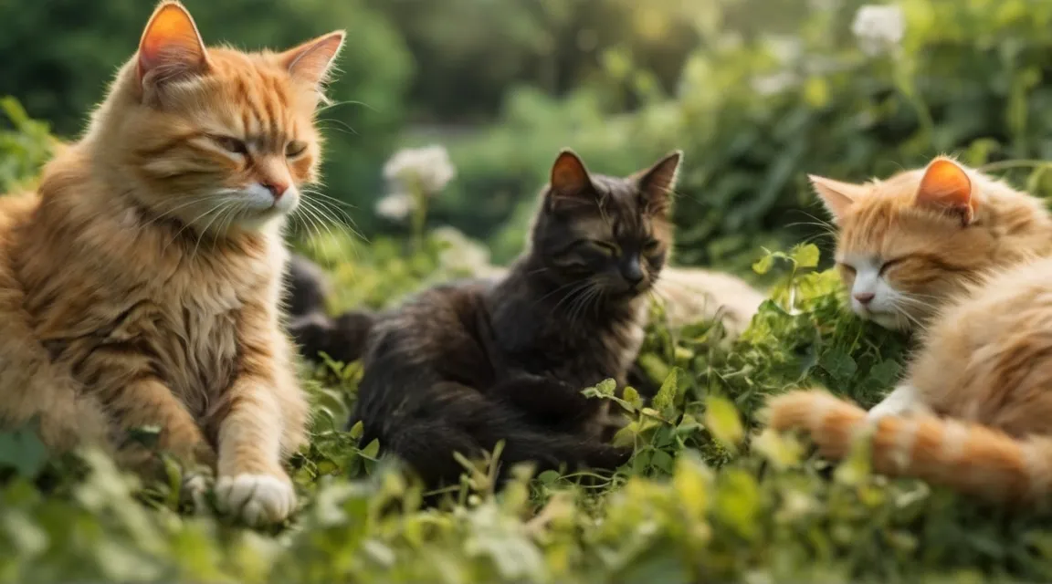 a group of cats sleeping in the grass in the night