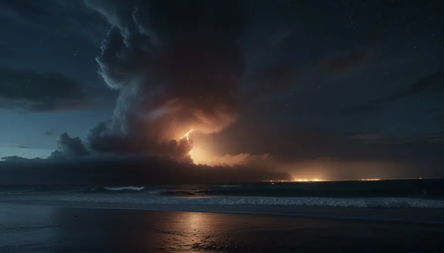 a large cloud is seen over the ocean at night