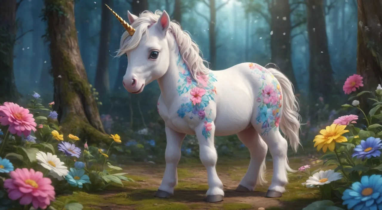 a painting of a unicorn standing in a forest