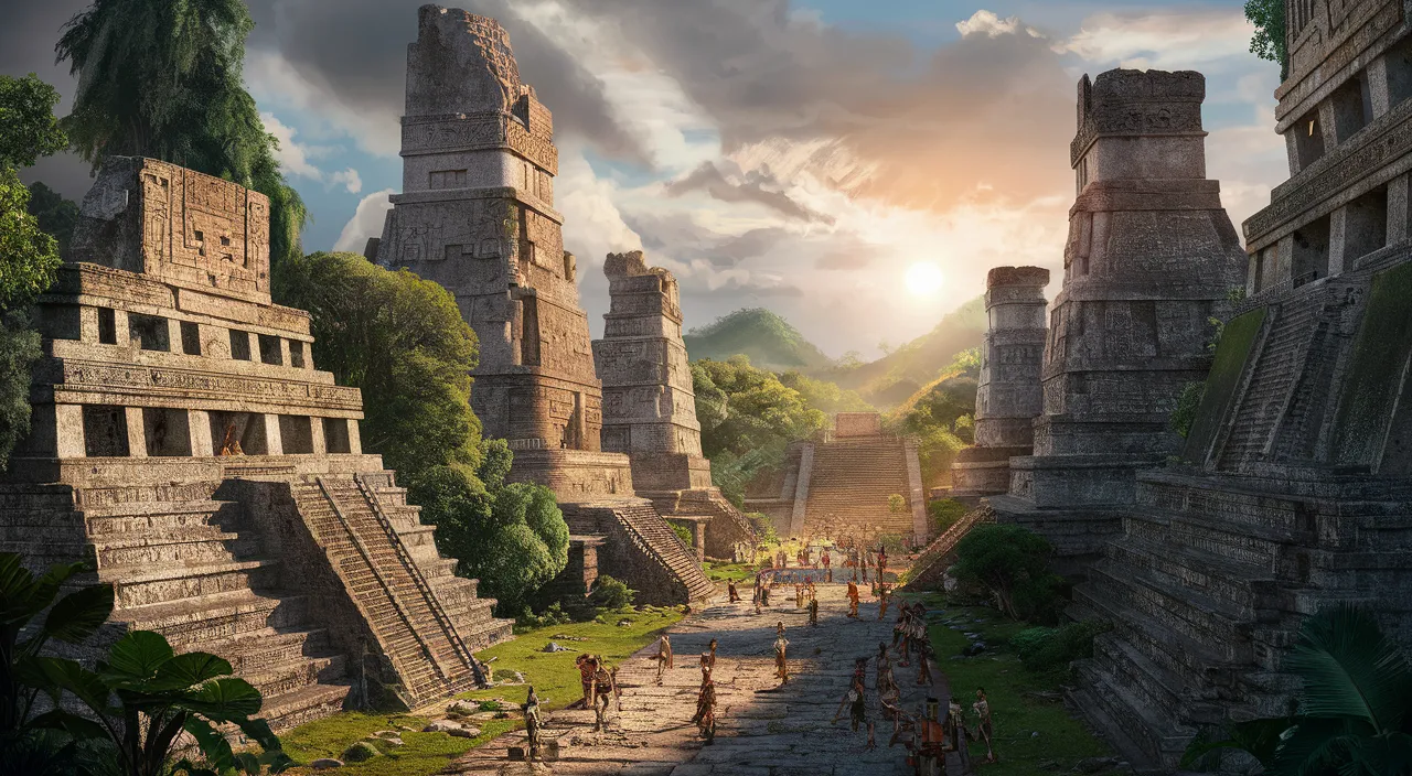 an artist's rendering of an ancient city in the jungle