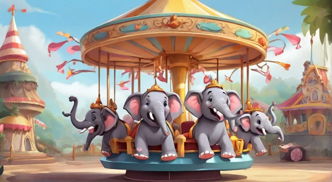 a group of elephants riding on top of a carousel. Cartoon 