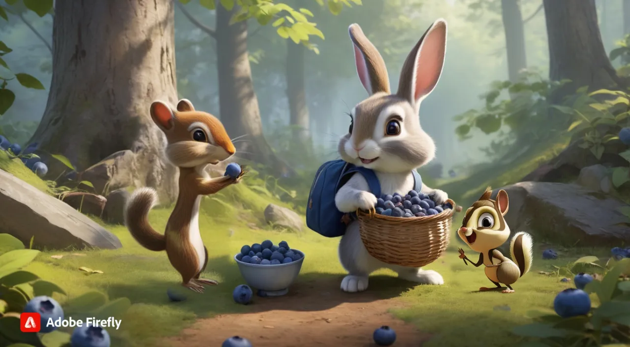 a rabbit holding a basket of blueberries next to squirrel and chipmunk, sharing with each other