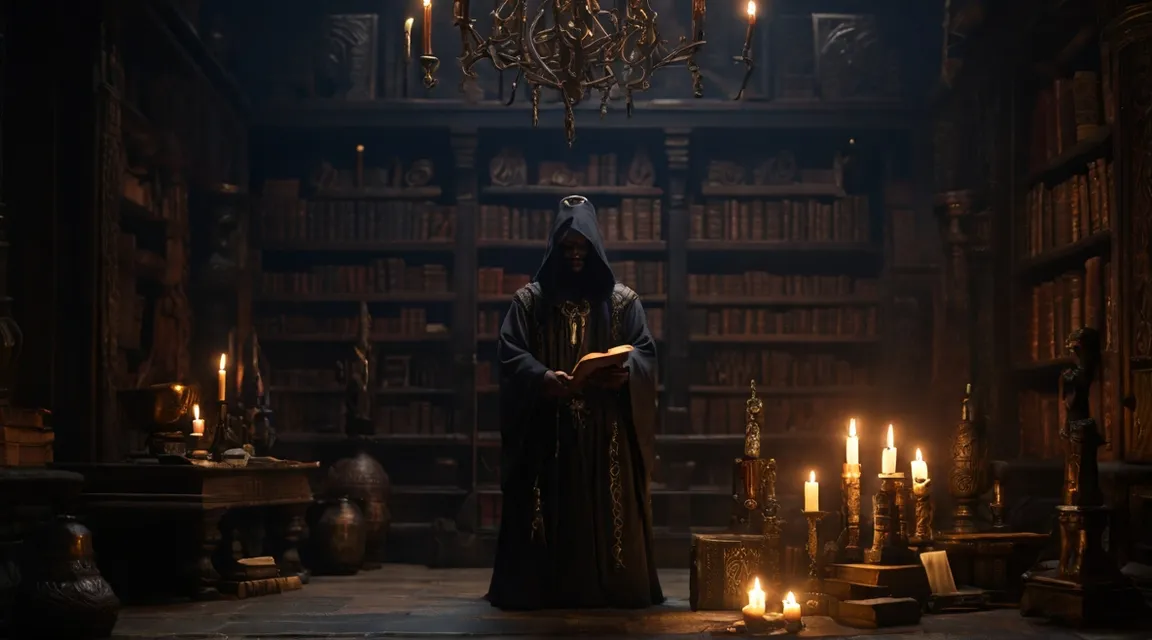 Malachi, obscured in the dim light of a secret chamber, surrounded by ancient manuscripts and mystical artifacts as he performs forbidden rituals to attain dark powers.