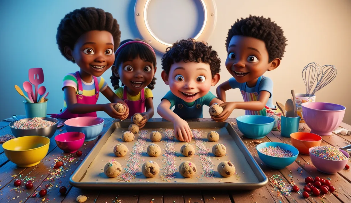 a group of children making cookies on a table