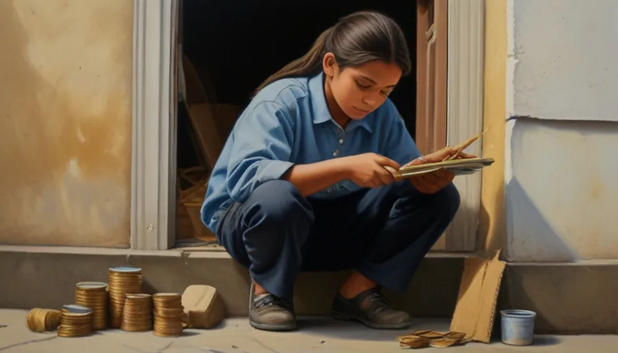 a painting of a girl sitting on the ground next to stacks of coins