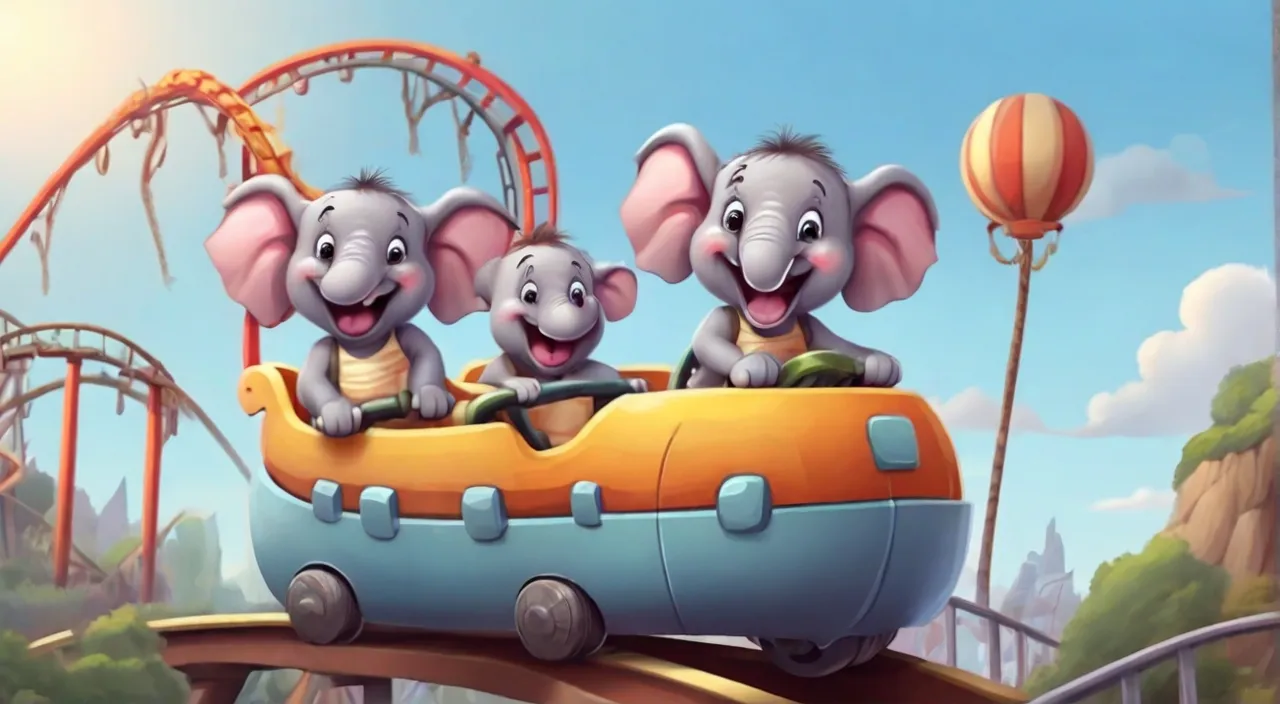 three elephants are riding on a roller coaster.