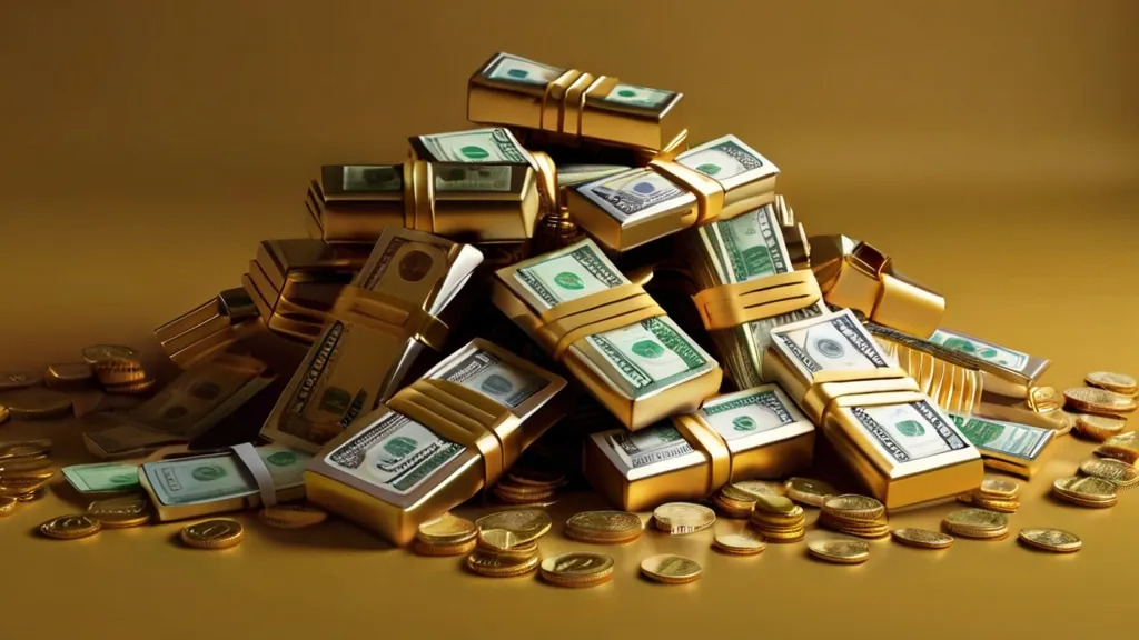 create a money bank with a golden background, 8k,colorful