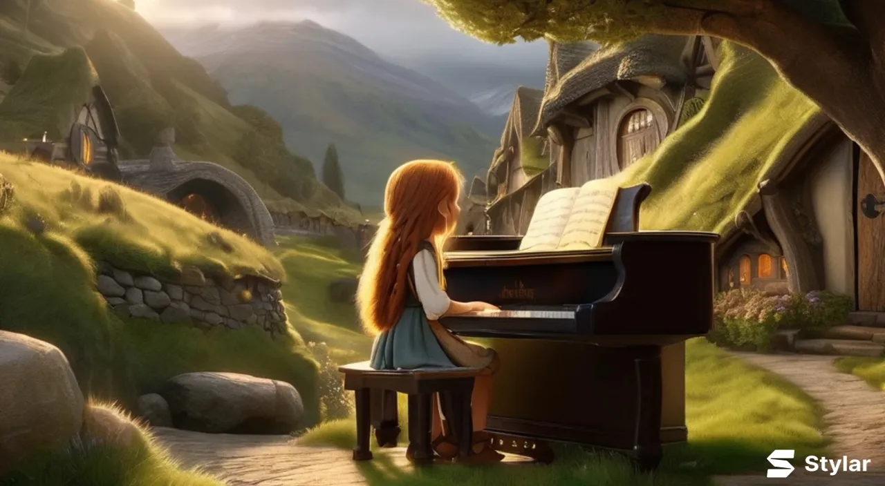 Young girl playing the piano with the Misty Mountains in the background, an illuminated hobbit hole visible nearby