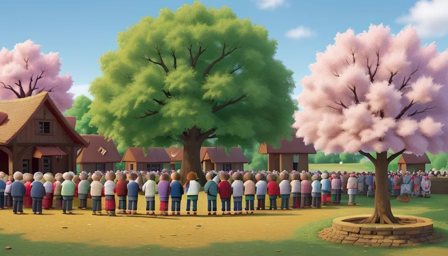 a group of people standing in front of a tree