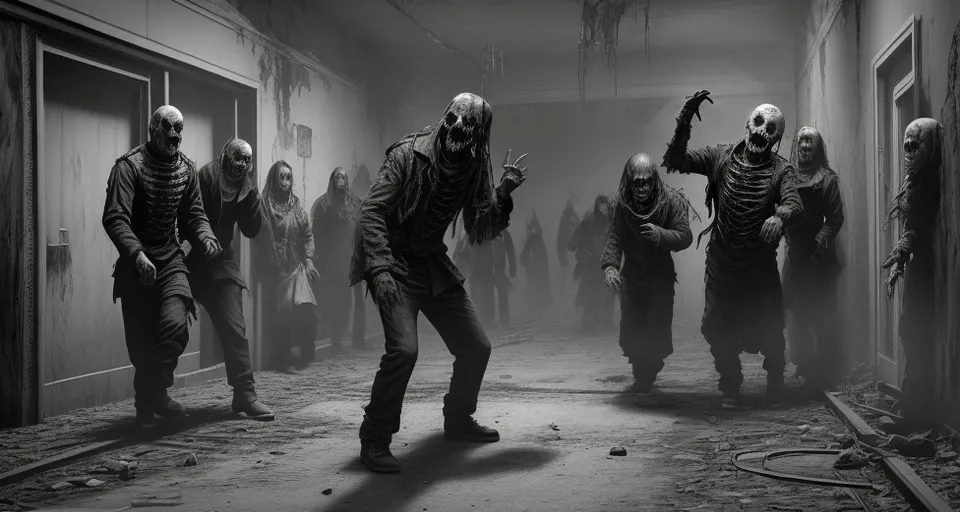 a group of zombies walking through a hallway