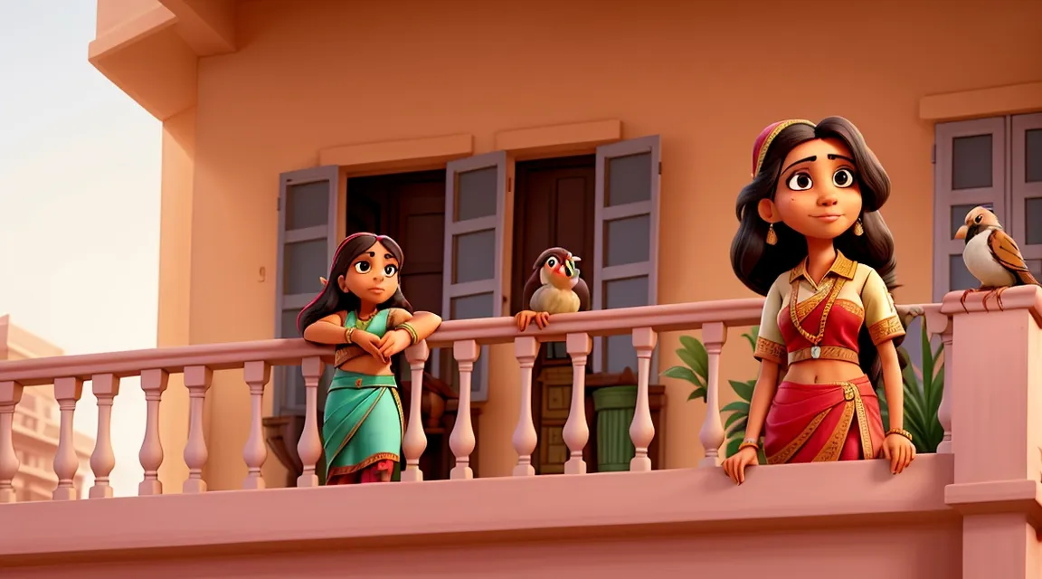 a lady in sari standing on a balcony, 3d animation