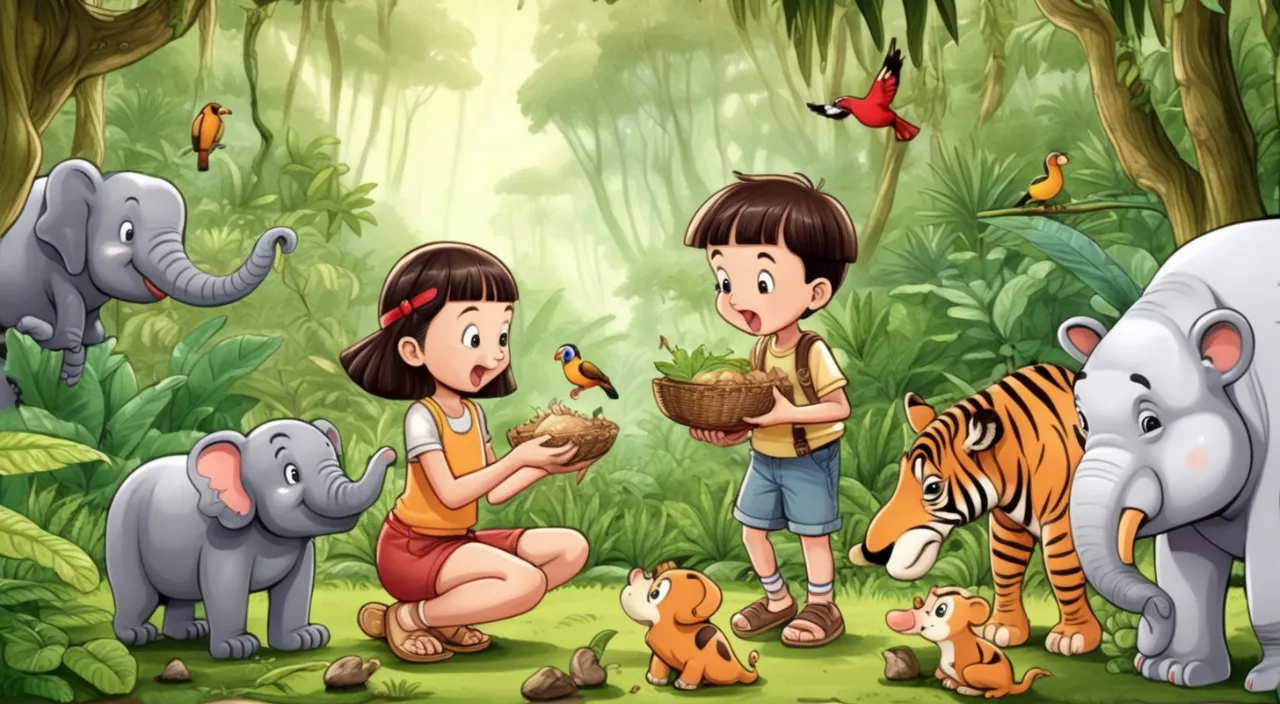 a boy and a girl feeding animals in the jungle