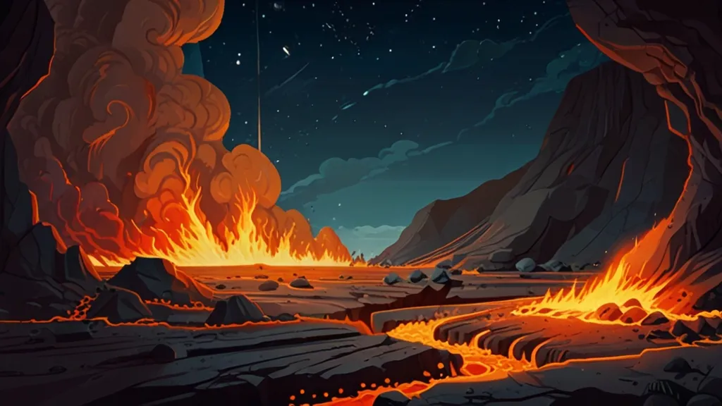 a cartoon scene of a volcano with lava and lava