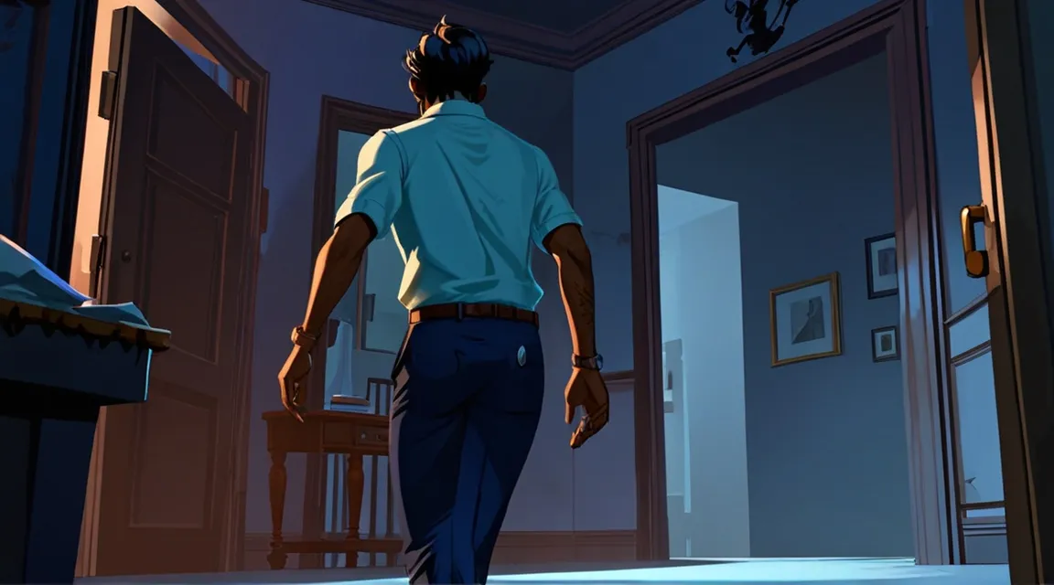 a man in a white shirt and blue pants walking into a room