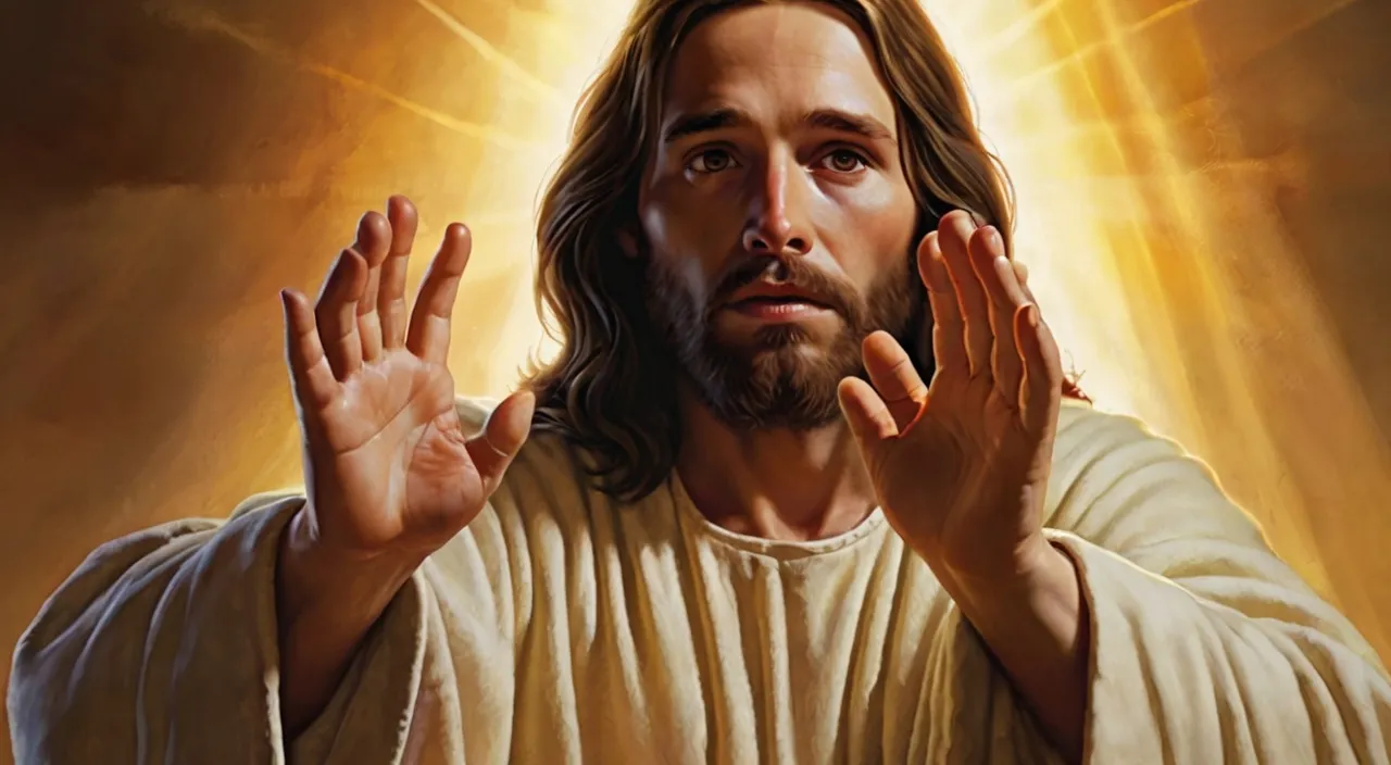 a painting of jesus holding his hands up