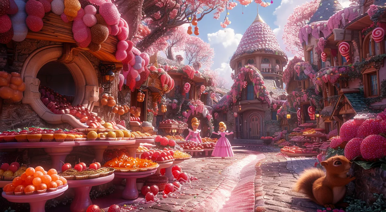 a cartoon scene of a fairy land with a lot of food