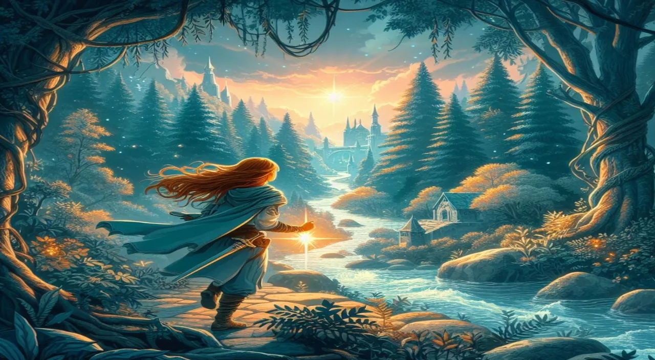 a painting of a woman holding a glowing star in a forest