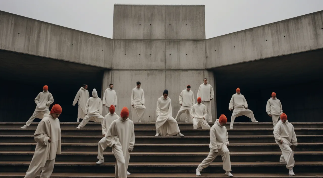 a group of men and women dancing on a set of stairs