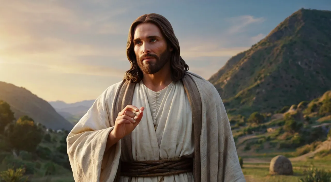 a man in a robe standing in a field with mountains in the background