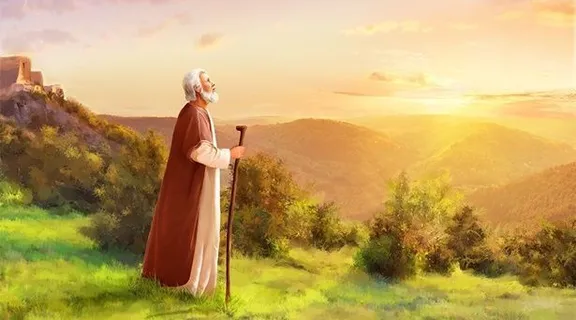 a painting of an old man standing on a hill