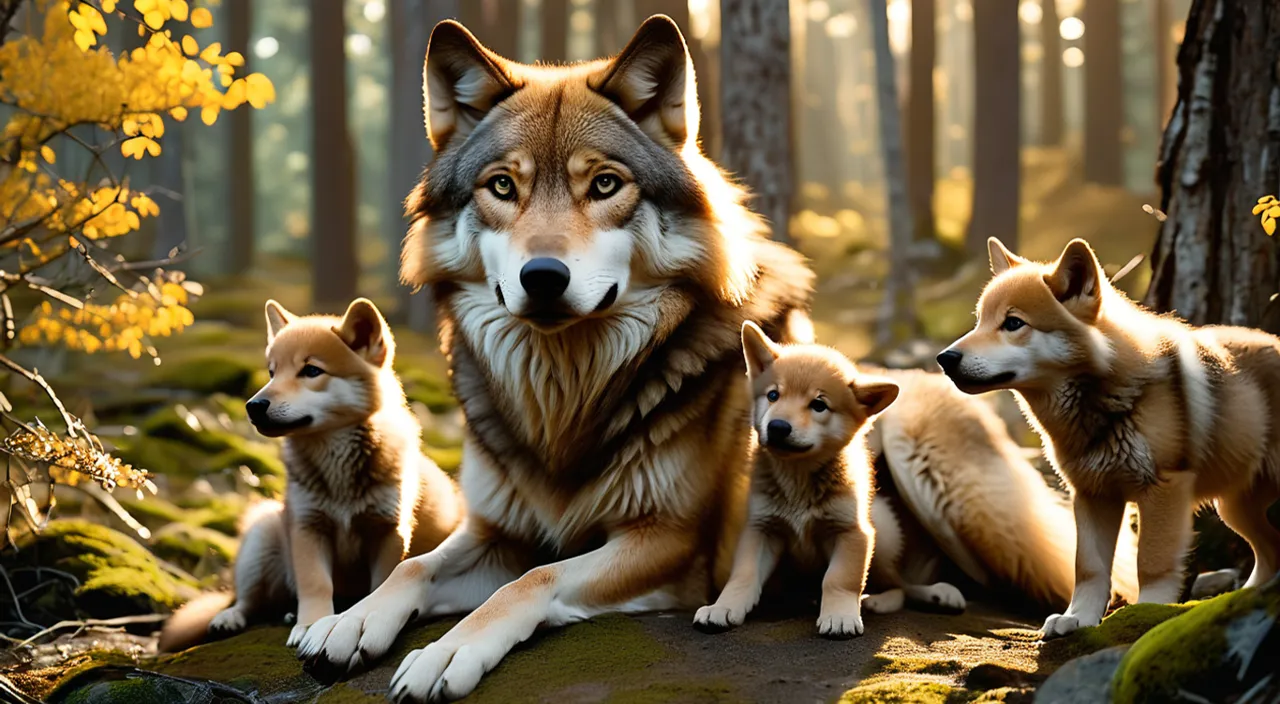 a group of wolfs sitting on a rock in a forest