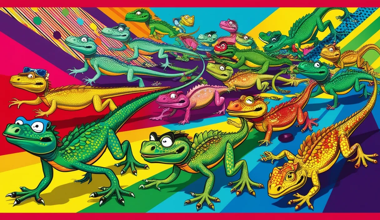 a group of lizards on a rainbow colored background