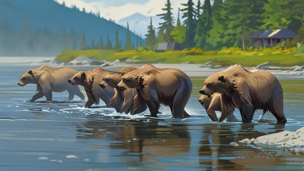 a group of brown bears walking across a river