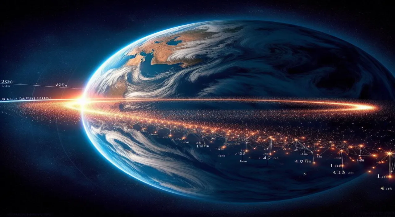 a view of the earth from space with a line of lights going through it