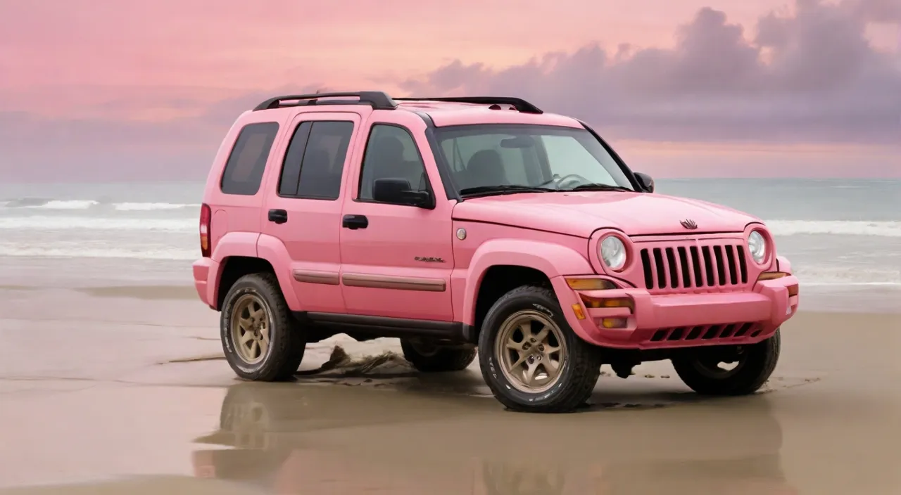 a pink jeep is parked on the beach