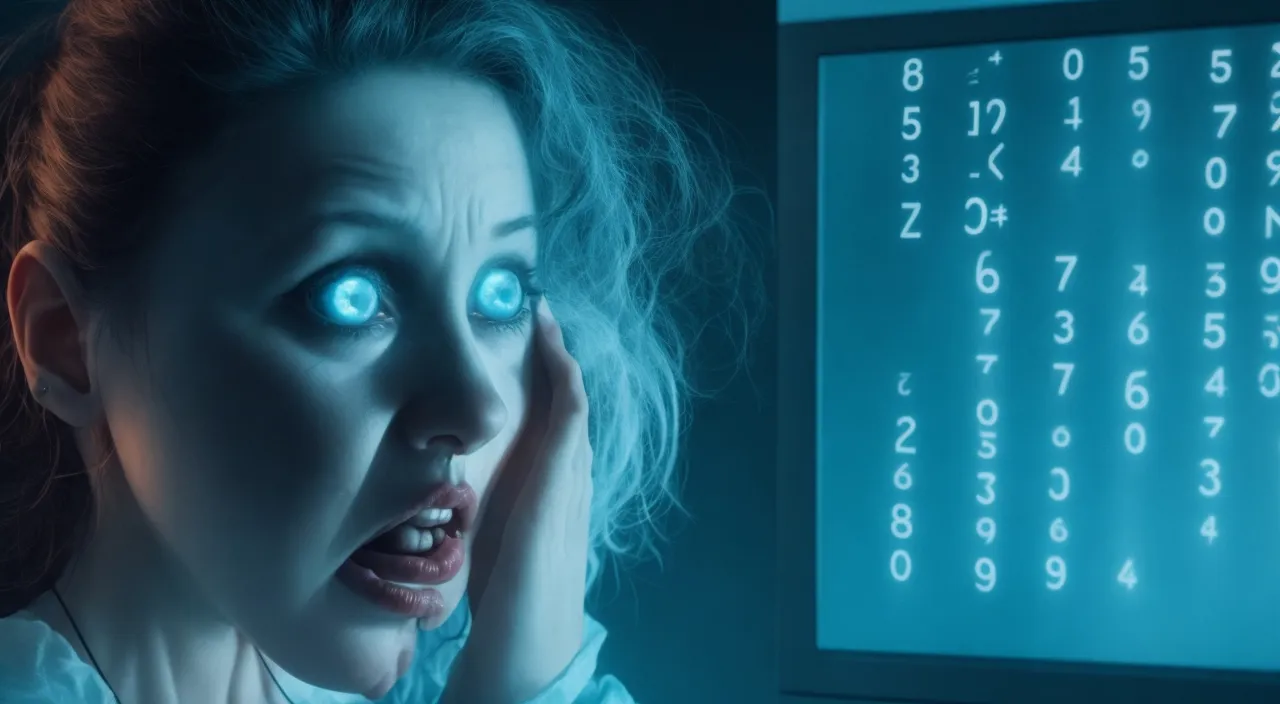 a woman with blue eyes looking at a computer screen