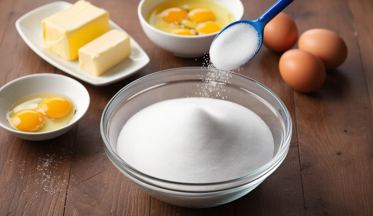 a wooden table topped with bowls of eggs and flour