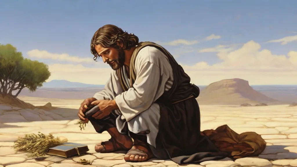 a painting of a man kneeling on the ground