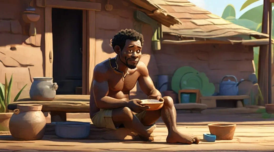 a man sitting on the ground in front of a house, 3d animation