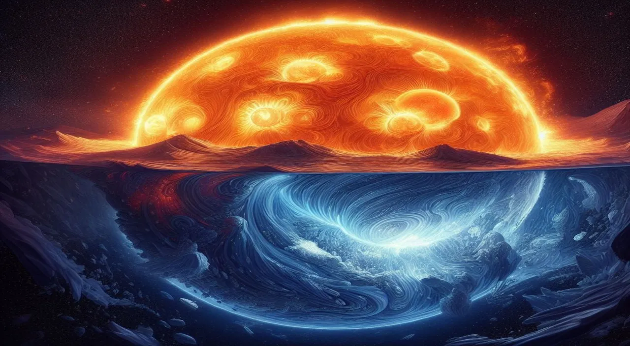 a painting of a sun and a wave in the ocean