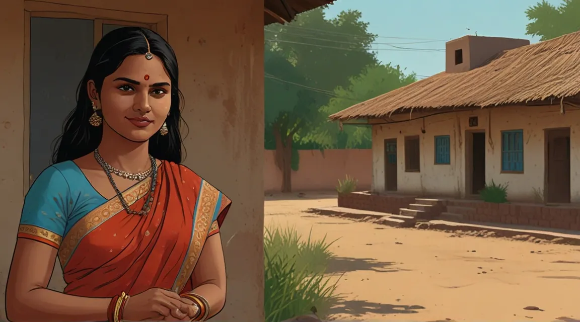 a cartoon of a woman standing in front of a house