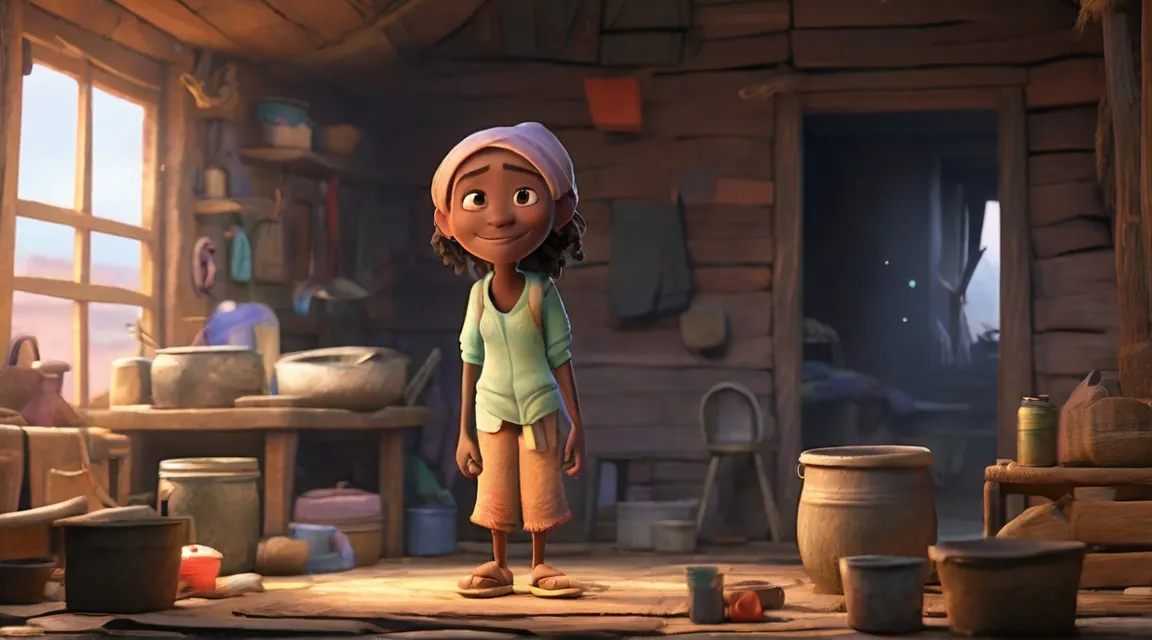 a little girl standing in a room with a lot of pots, 3d animation