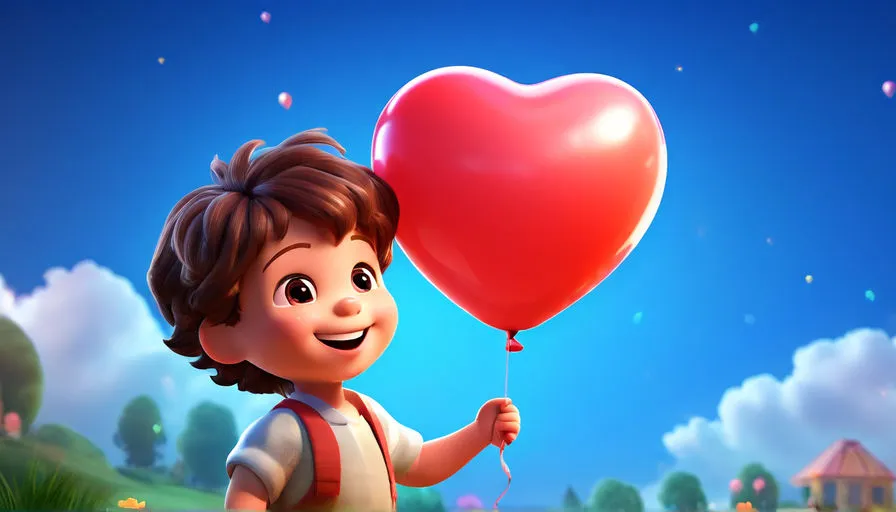 a little boy holding a heart shaped balloon