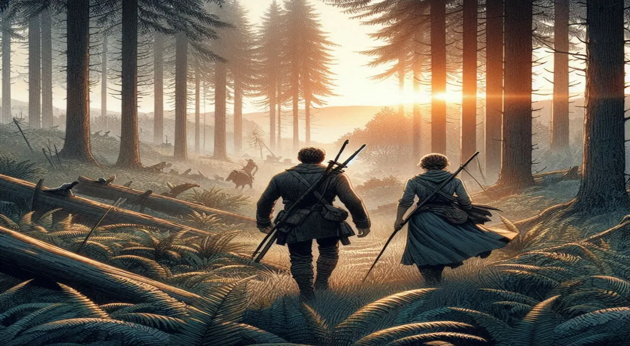 a painting of two men walking through a forest