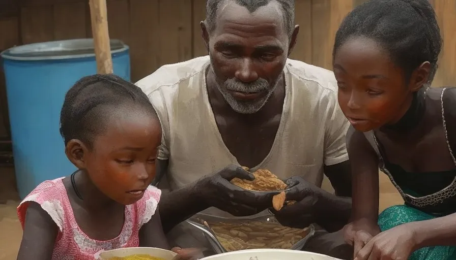 a family of 4 from a village from Africa eating boiled maizee, 2d animation