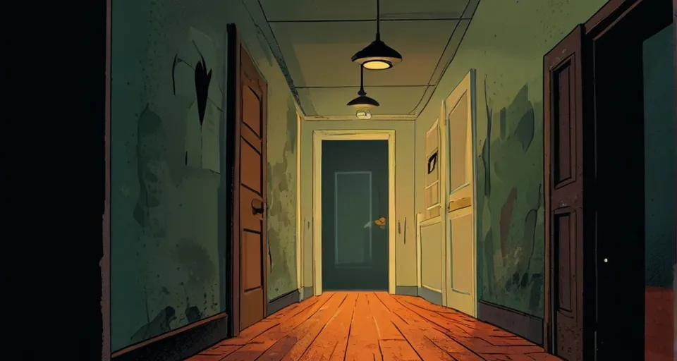 an empty hallway with a door and a light hanging from the ceiling