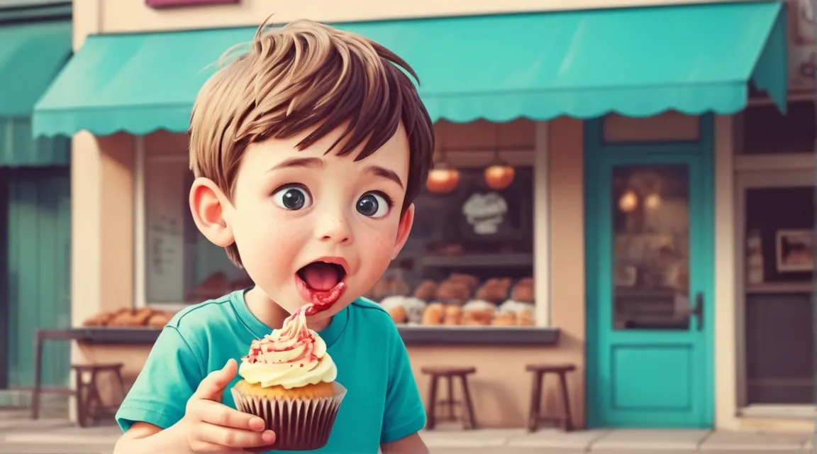 a young boy eating a cupcake outside of a bakery, after eating the boy starts disapprearing